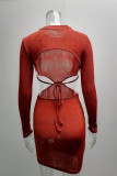 Grey Fashion Sexy Solid Hollowed Out O Neck One Step Skirt Dresses