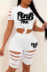 White Fashion Casual Letter Print Ripped O Neck Short Sleeve Two Pieces