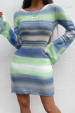 Blue Casual Striped Patchwork O Neck Pencil Skirt Dresses