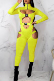 Lemon Yellow Sexy Casual Solid Hollowed Out Patchwork Turtleneck Skinny Jumpsuits