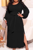 Tangerine Red Casual Solid Bandage Slit O Neck Pencil Skirt Dresses