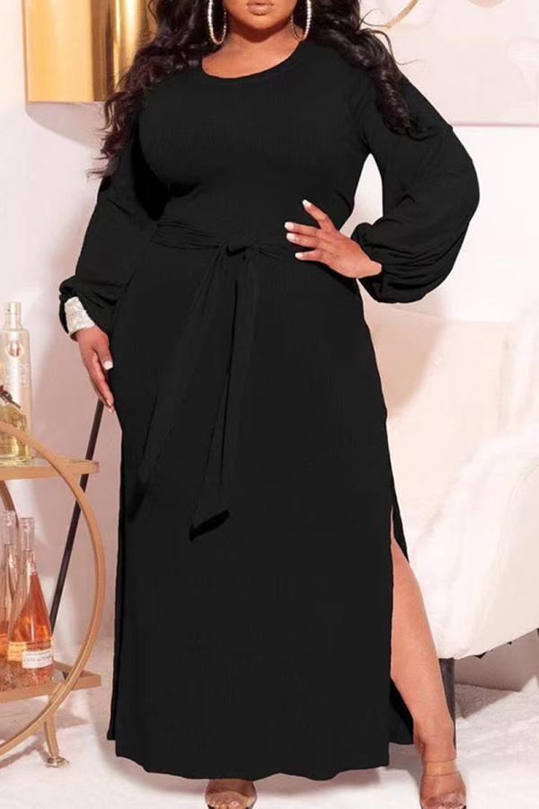 Black Casual Solid Bandage Slit O Neck Pencil Skirt Dresses