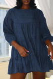 Deep Blue Fashion Casual Solid Patchwork O Neck A Line Dresses