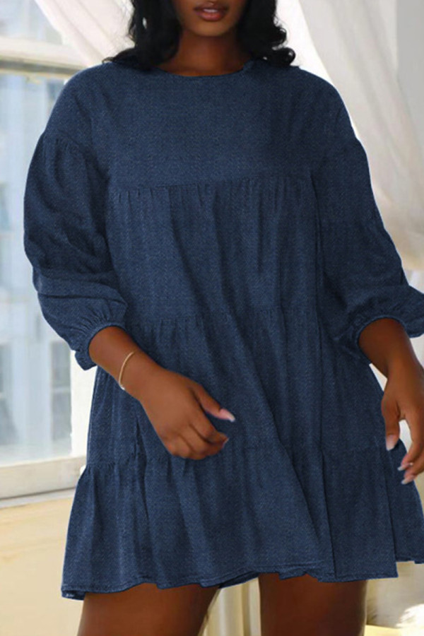 Deep Blue Fashion Casual Solid Patchwork O Neck A Line Dresses