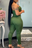 Fluorescent Green Sexy Casual Solid Backless Strapless Skinny Jumpsuits