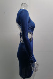 Grey Fashion Sexy Solid Hollowed Out O Neck One Step Skirt Dresses