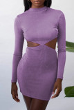 Grey Fashion Sexy Solid Hollowed Out O Neck One Step Skirt Dresses