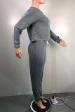 Grey Fashion Casual Solid Basic O Neck Long Sleeve Two Pieces