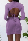 Grey Fashion Sexy Solid Hollowed Out O Neck One Step Skirt Dresses