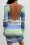 Blue Casual Striped Patchwork O Neck Pencil Skirt Dresses