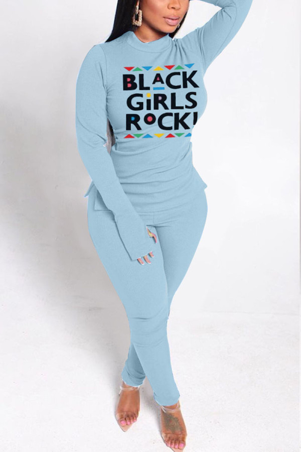 Baby Blue Street Print O Neck Long Sleeve Two Pieces