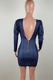 Deep Blue Fashion Sexy Solid Hollowed Out Backless O Neck Long Sleeve Dresses