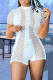 White Fashion Sexy Patchwork Hollowed Out See-through O Neck Skinny Romper