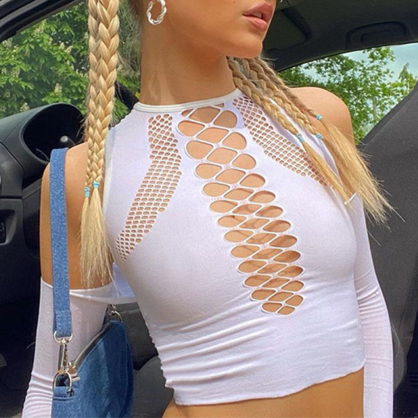 White Fashion Street Solid Hollowed Out O Neck Tops