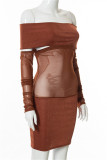 Brown Sexy Patchwork See-through Backless Off the Shoulder Long Sleeve Dresses