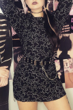 Black Sexy Print Patchwork O Neck Pencil Skirt Dresses