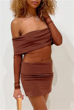 Brown Sexy Patchwork See-through Backless Off the Shoulder Long Sleeve Dresses