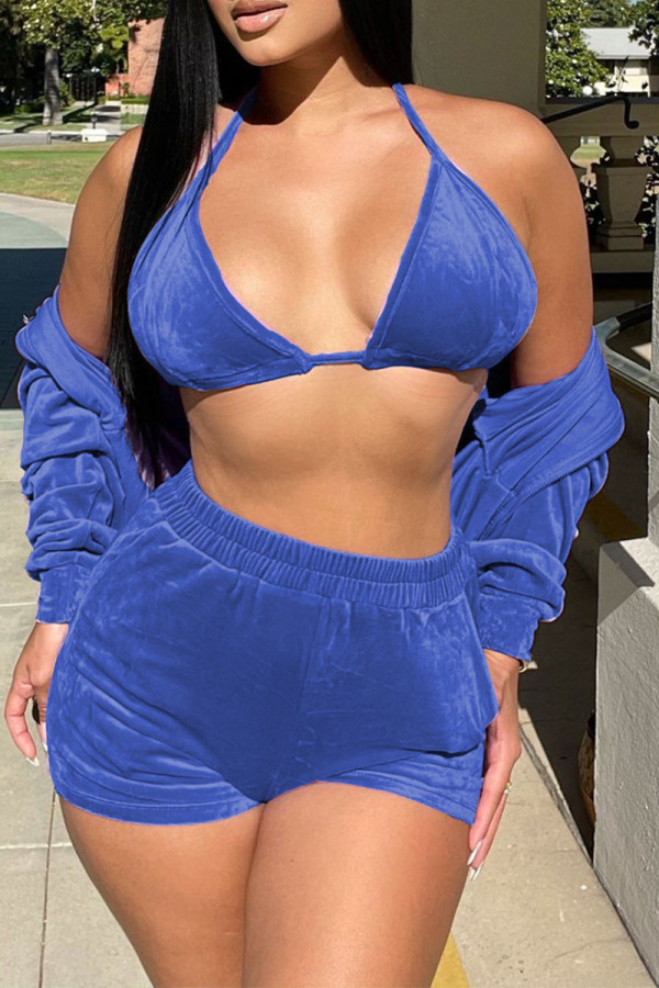 Blue Casual Solid Patchwork Halter Long Sleeve Three Pieces