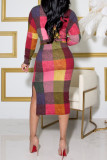 Colour Casual Plaid Print Patchwork With Belt Half A Turtleneck Long Sleeve Dresses