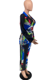 Black Casual Print Patchwork Turndown Collar Long Sleeve Two Pieces