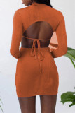 Grey Fashion Sexy Solid Hollowed Out O Neck One Step Skirt Dresses