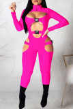 Pink Sexy Casual Solid Hollowed Out Patchwork Turtleneck Skinny Jumpsuits
