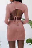 Grey Fashion Sexy Solid Hollowed Out O Neck One Step Skirt Dresses