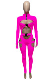 Pink Sexy Casual Solid Hollowed Out Patchwork Turtleneck Skinny Jumpsuits