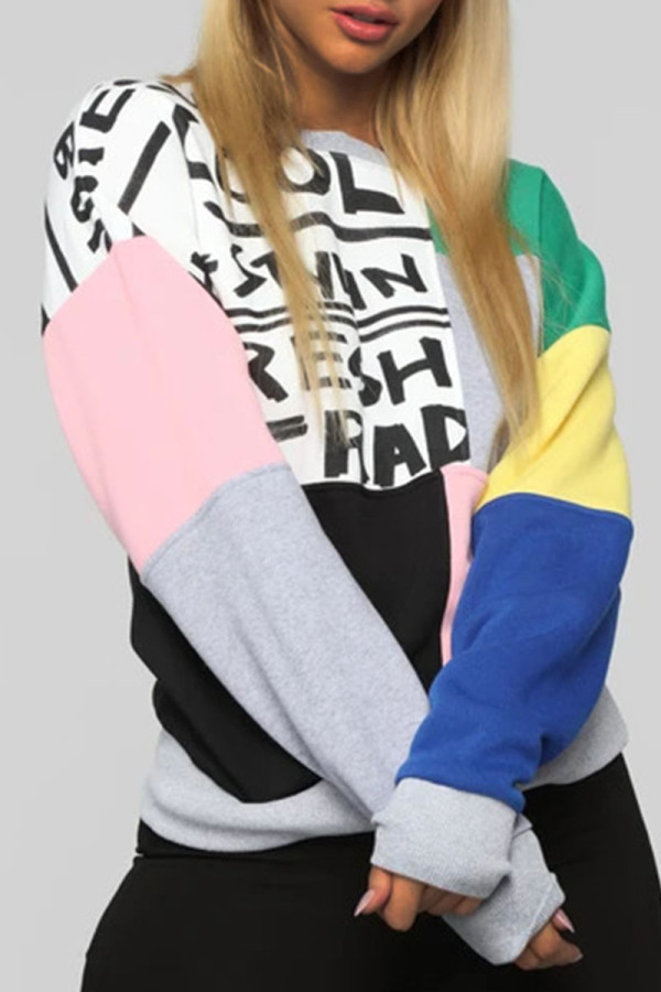 Grey Casual Street Print Patchwork O Neck Tops