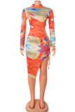 Tangerine Red Sexy Print Hollowed Out Half A Turtleneck Pencil Skirt Dresses