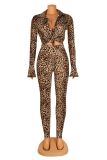 Leopard Print Sexy Animal Print Patchwork Long Sleeve Two Pieces