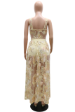 Apricot Sexy Print Mesh Spaghetti Strap Sleeveless Two Pieces