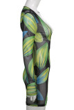 Green Fashion Sexy Print Hollowed Out V Neck Wrapped Skirt Dresses