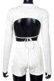 Pink Sexy Solid Backless O Neck Long Sleeve Two Pieces