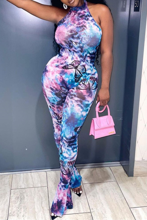 Pink Fashion Sexy Butterfly Print Backless Halter Skinny Jumpsuits