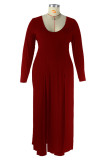 Burgundy Fashion Casual Solid Slit O Neck Plus Size Two Pieces