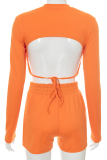 Pink Sexy Solid Backless O Neck Long Sleeve Two Pieces