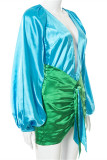 Turquoise Fashion Sexy Solid Frenulum Asymmetrical V Neck Long Sleeve Two Pieces
