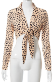 Apricot Casual Print Patchwork Turndown Collar Tops