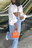 White Sexy Solid Bandage Turndown Collar Tops