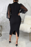 Yellow Sexy Solid Patchwork Half A Turtleneck Pencil Skirt Dresses