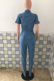 Baby Blue Fashion Casual Solid With Belt Turndown Collar Regular Jumpsuits