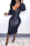 Black Sexy Dot Patchwork V Neck Pencil Skirt Dresses