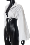 White Sexy Solid Bandage Turndown Collar Tops