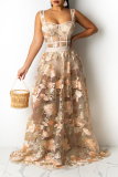 Apricot Sexy Print Mesh Spaghetti Strap Sleeveless Two Pieces