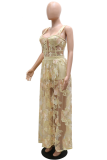Apricot Sexy Print Mesh Spaghetti Strap Sleeveless Two Pieces
