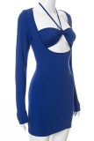 Blue Sexy Solid Hollowed Out Halter Pencil Skirt Dresses