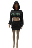 Black Fashion Sportswear Print Patchwork Hooded Collar Long Sleeve Two Pieces