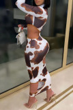 Multicolor Sexy Print Hollowed Out Patchwork O Neck Pencil Skirt Dresses