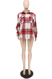Red Casual Plaid Patchwork Turndown Collar Tops